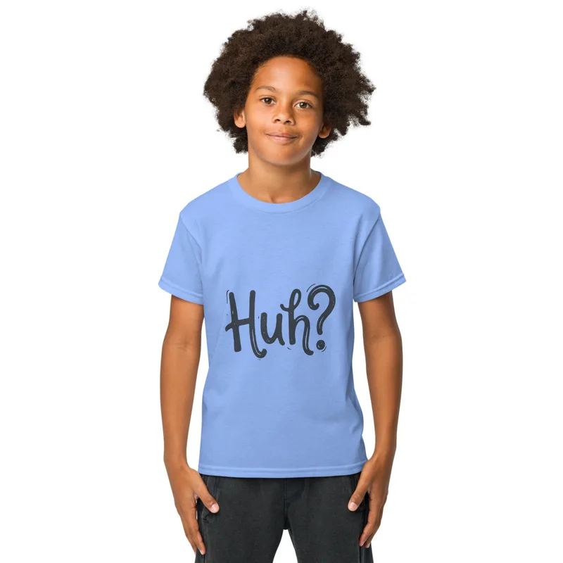 Carolina Blue Huh? Say That Again, front view — bold hand-lettered word Huh followed by a question mark in dark navy blue
