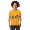 Gold Huh? Say That Again, front view — bold hand-lettered word Huh followed by a question mark in dark navy blue on a warm
