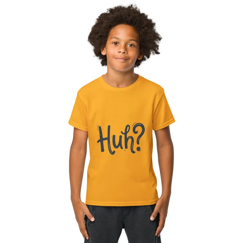 Gold Huh? Say That Again, front view — bold hand-lettered word Huh followed by a question mark in dark navy blue on a warm
