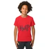 Red Huh? Say That Again, front view — bold hand-lettered word Huh followed by a question mark in dark navy blue on a warm