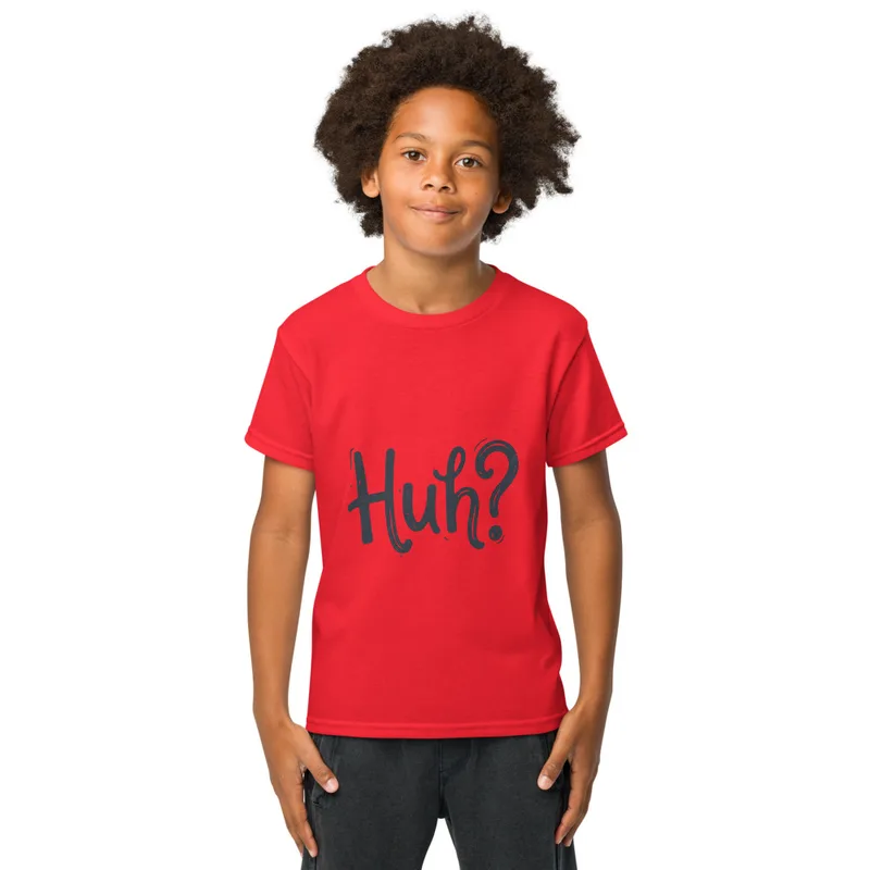 Red Huh? Say That Again, front view — bold hand-lettered word Huh followed by a question mark in dark navy blue on a warm