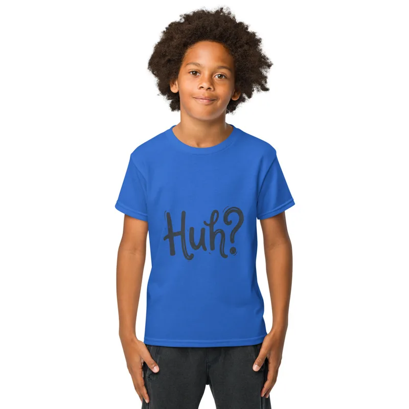 Royal Huh? Say That Again, front view — bold hand-lettered word Huh followed by a question mark in dark navy blue on a warm
