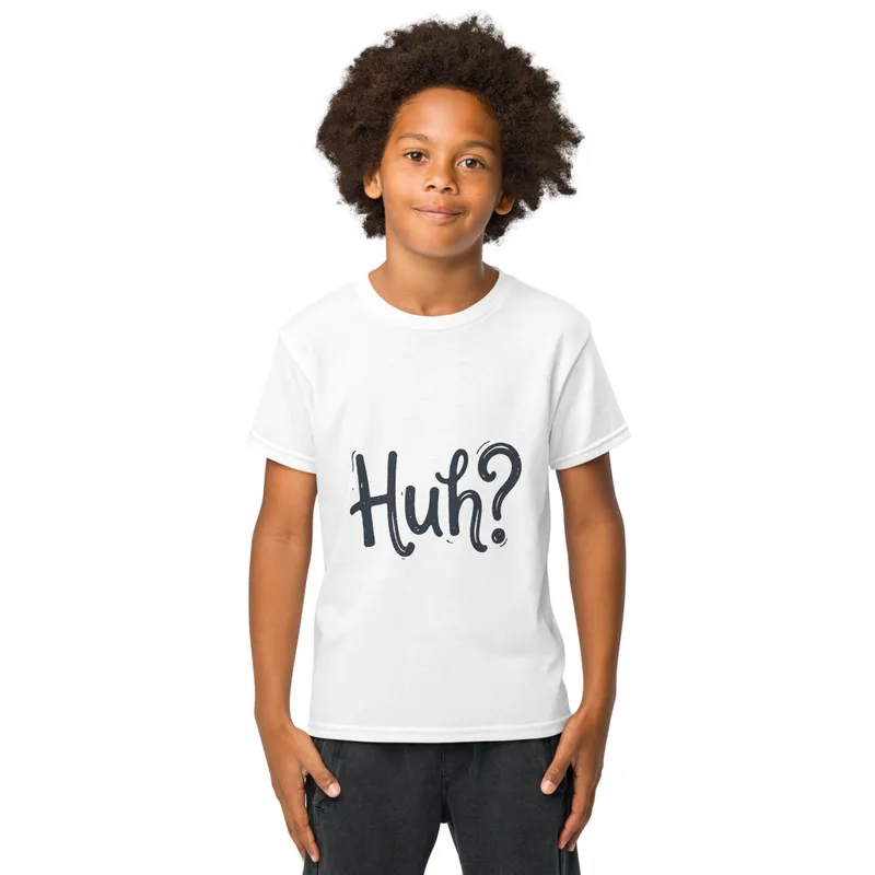 White Huh? Say That Again, front view — bold hand-lettered word Huh followed by a question mark in dark navy blue on a warm