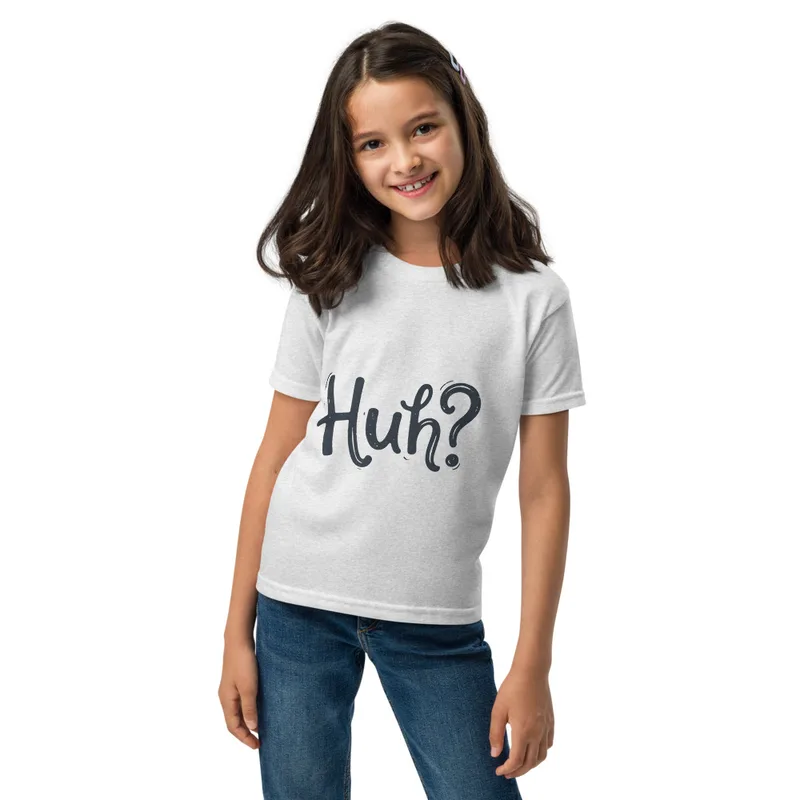 Ash Huh? Say That Again, front view — bold hand-lettered word Huh followed by a question mark in dark navy blue on a warm