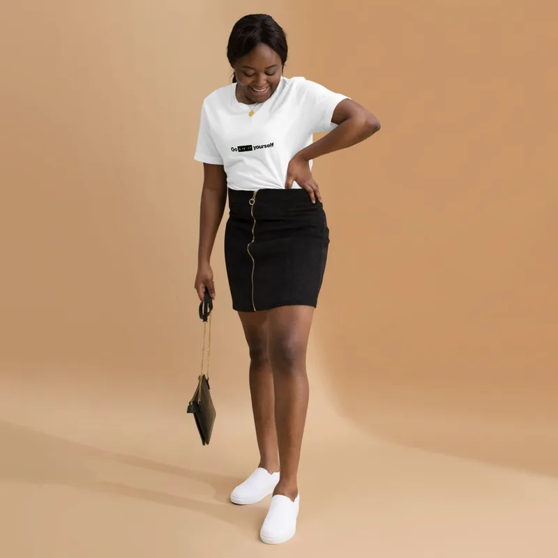 White Go rm -rf Yourself Tee — bold black text reading Go rm -rf Yourself with a terminal command block in green monospace