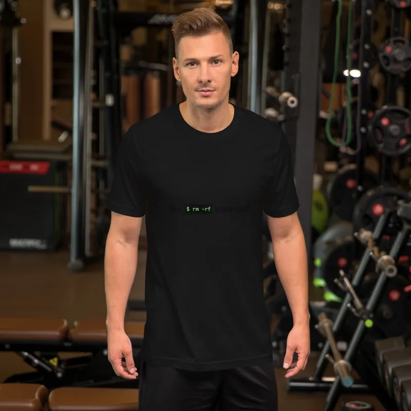 Black Go rm -rf Yourself Tee — bold black text reading Go rm -rf Yourself with a terminal command block in green monospace