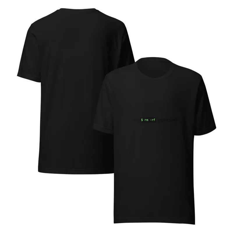 Black Go rm -rf Yourself Tee — bold black text reading Go rm -rf Yourself with a terminal command block in green monospace