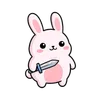 Sword-Wielding Bunny Tee design — chubby kawaii pink bunny holding a sword, big sparkly eyes, pastel colors, white background
