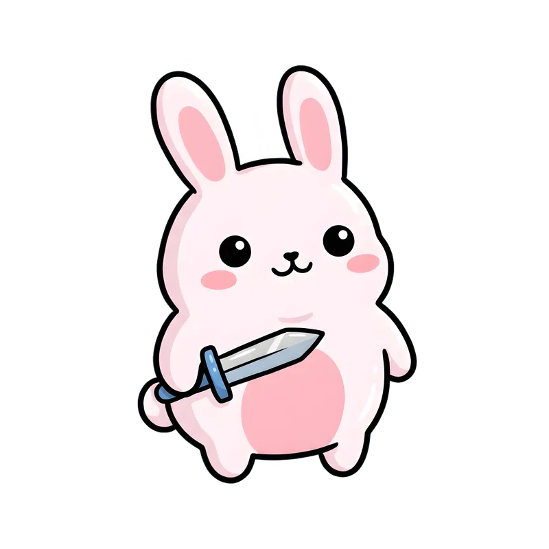 Sword-Wielding Bunny Tee design — chubby kawaii pink bunny holding a sword, big sparkly eyes, pastel colors, white background