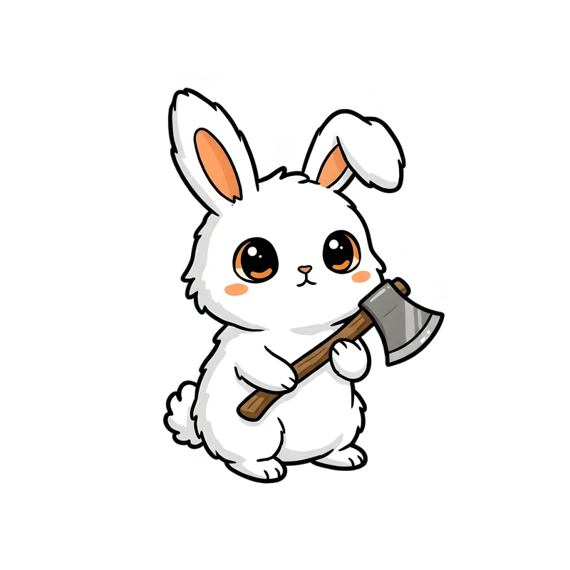 Whimsical Warrior Bunny Tee design — cartoon white rabbit with big eyes gripping a battle axe on white background