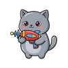 Galactic Kitty Adventure Tee design — chubby gray kitten with big sparkling eyes holding a colorful retro ray gun