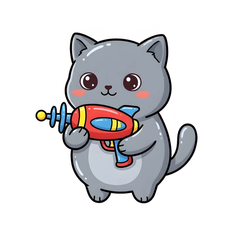 Galactic Kitty Adventure Tee design — chubby gray kitten with big sparkling eyes holding a colorful retro ray gun