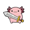 Axolotl Warrior Tee design — cartoon pink axolotl with feathery gills wielding an oversized sword