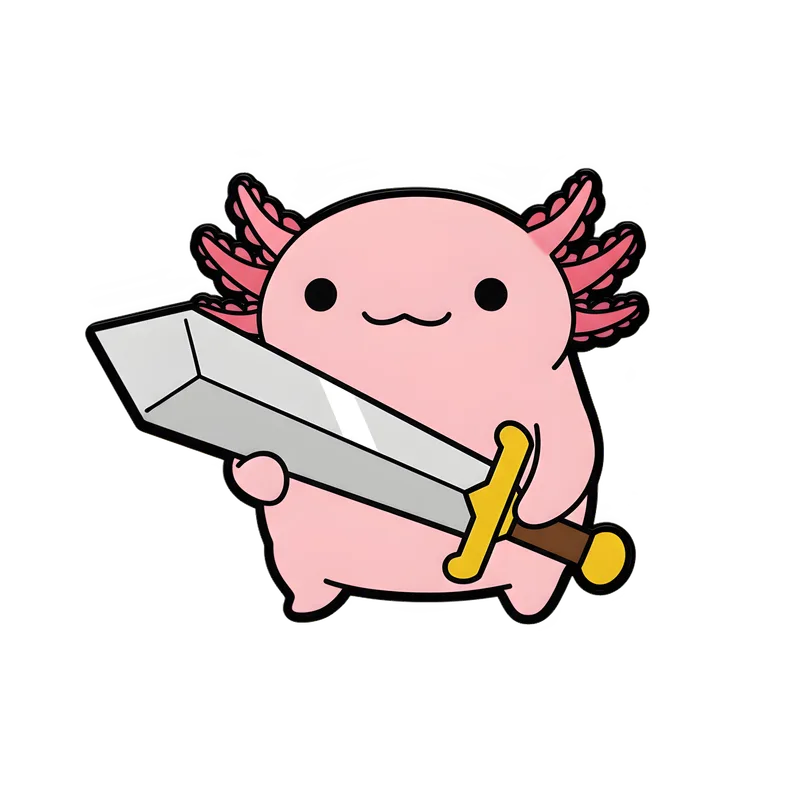 Axolotl Warrior Tee design — cartoon pink axolotl with feathery gills wielding an oversized sword