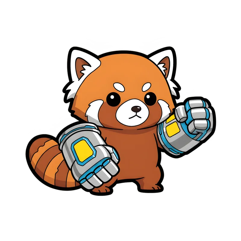 Cyber Panda Power Tee design — cartoon red panda wearing glowing robotic boxing gauntlets on white background