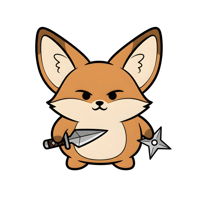 Ninja Fennec Adventure Tee design — cartoon fox holding a dagger and shuriken with a fierce expression on white background