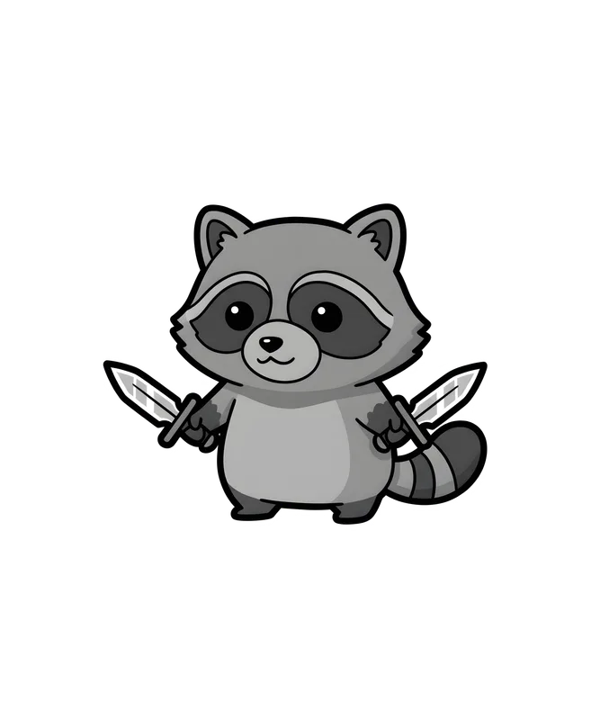 Ninja Raccoon Adventure Tee design — cartoon raccoon bandit wielding two swords in grayscale illustrative style