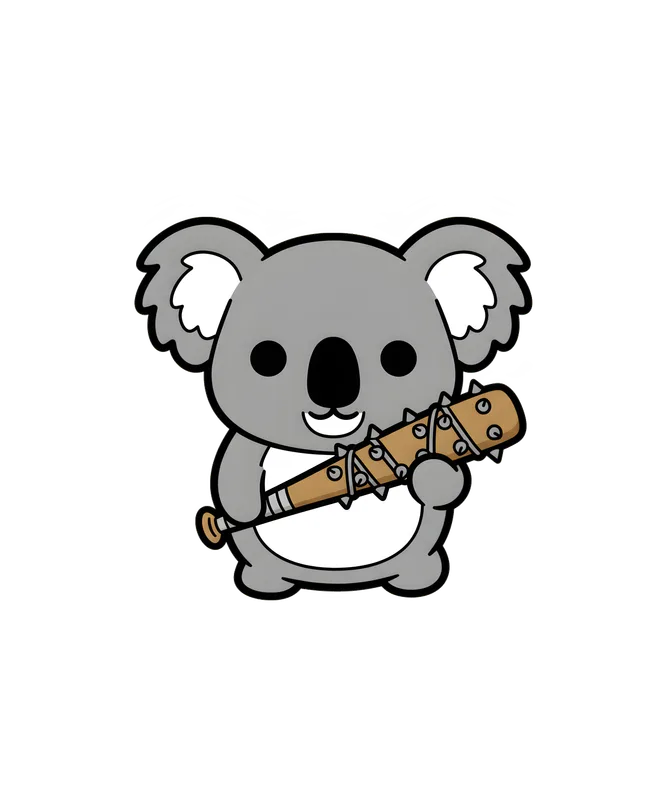 Koala Combat Tee design — cartoon koala grinning while holding a spiked barbed-wire bat on white background