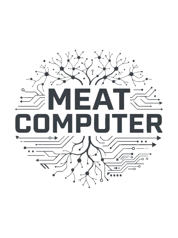 Meat Computer Unisex Tee design — bold black text reading Meat Computer inside a circle merging branching neuron dendrites