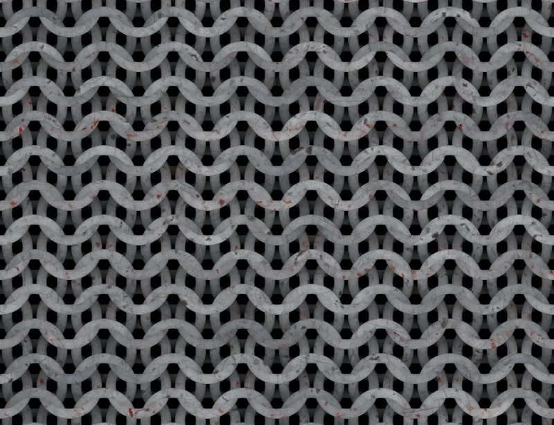 Iron Chain Mail Armor Laptop Sleeve design — close-up seamless chain mail pattern in weathered silver-grey metal with rust