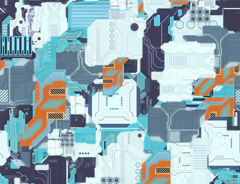 Circuit City Tech Camo Laptop Sleeve design — dense circuit board camo pattern with cyan data traces, orange hazard accents
