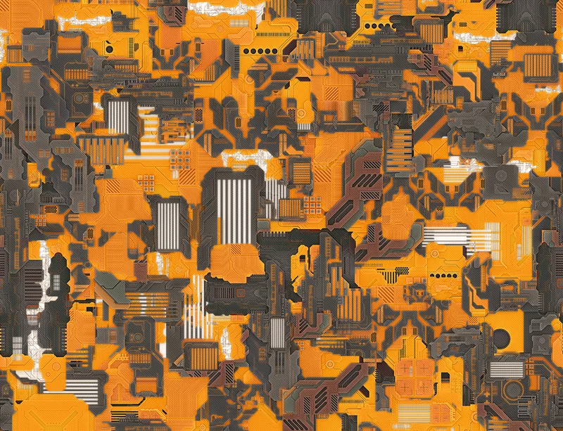 Circuit Camo Tech Fusion Laptop Sleeve design — dense mechanical circuit board pattern in vivid orange and dark charcoal