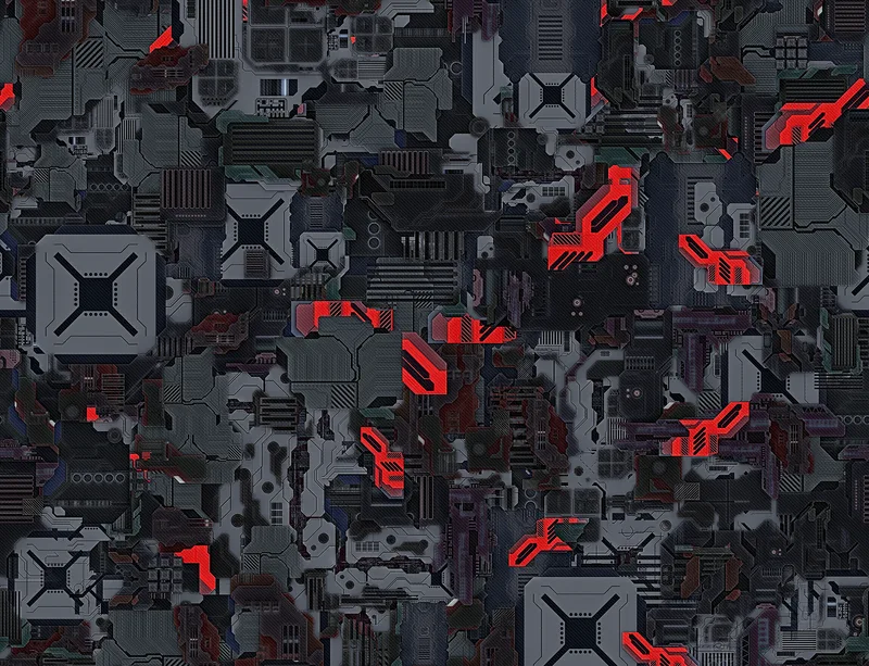 Dark Circuit Breach Laptop Sleeve design — densely packed dark grey circuit board panels and mechanical hardware