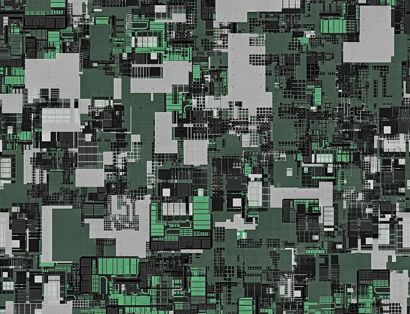 Forest Green Circuit City Chaos Laptop Sleeve design — aerial view of a densely packed geometric megacity in forest green