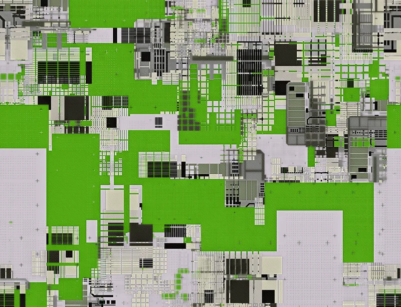 Circuit City Grid Laptop Sleeve design — aerial view of a futuristic city rendered as dense circuit board grids in lime