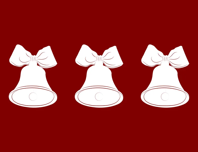 Triple Bell Holiday Laptop Sleeve design — three white Christmas bells with ribbon bows arranged in a row on a deep red