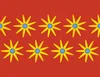 Solar Burst Crimson Laptop Sleeve design — repeating golden eight-petal sunburst flowers with blue centers arranged in rows