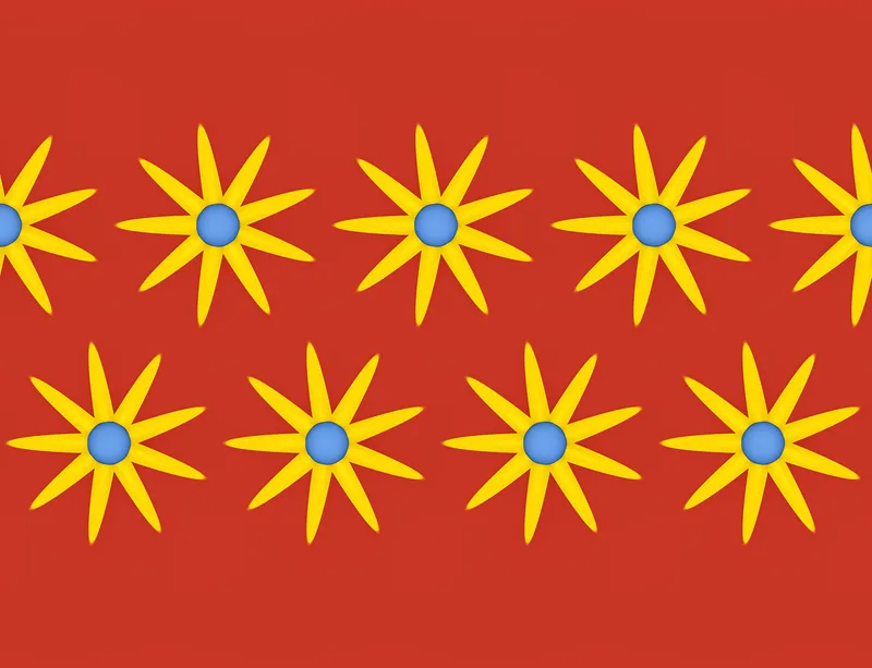 Solar Burst Crimson Laptop Sleeve design — repeating golden eight-petal sunburst flowers with blue centers arranged in rows
