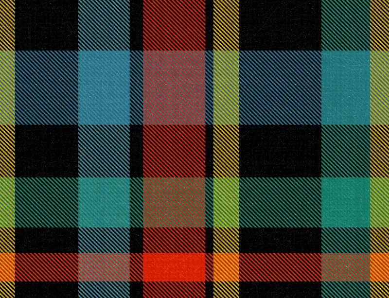 Bold Highland Plaid Laptop Sleeve design — vibrant tartan plaid pattern with intersecting bands of black, teal, fiery