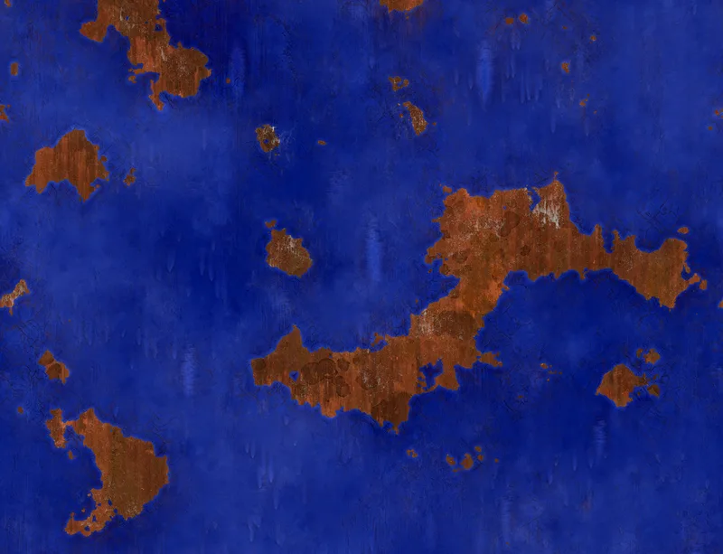 Electric Storm Rust Laptop Sleeve design — cobalt blue painted surface with scattered organic copper rust patches in varying