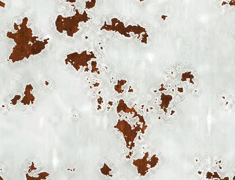 White Rust and Ruin Laptop Sleeve design — close-up of peeling white paint revealing patches of deep red-brown rust beneath