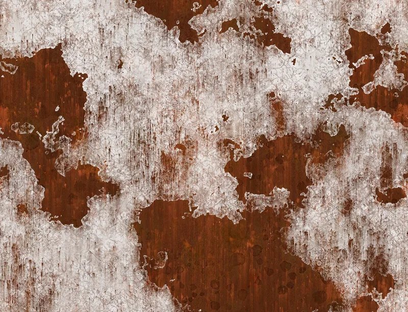 Brown Rust and Ruin Laptop Sleeve design — close-up rust texture with crumbling white paint peeling away to reveal deep