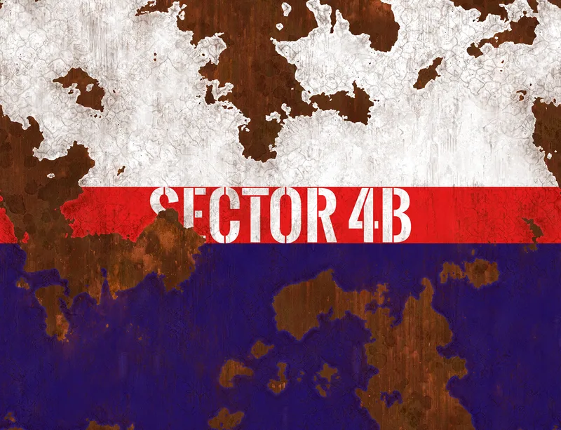 Sector 4B Industrial Zone Laptop Sleeve design — distressed tricolor panel of peeling white, bold red stripe, and deep navy