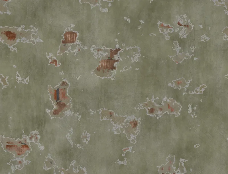 Weathered Plaster Wall Laptop Sleeve design — peeling olive green plaster revealing terracotta brick and rust layers
