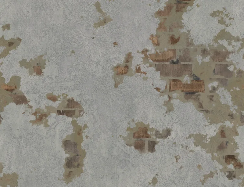 Urban Decay Weathered Shell Laptop Sleeve design — peeling grey plaster surface revealing rusted copper and brown corroded