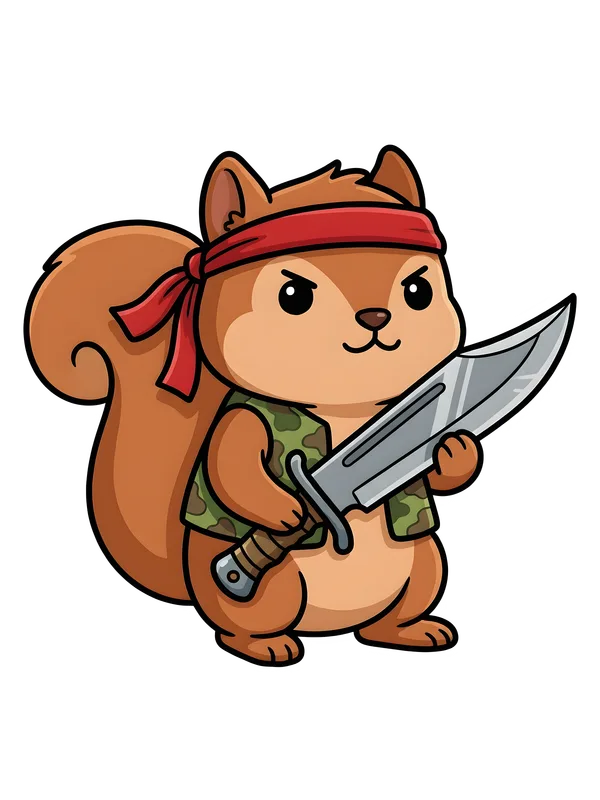 Warrior Squirrel Graphic Tee design — cartoon squirrel in red bandana and camo vest wielding a large combat knife