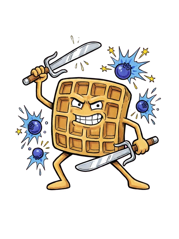 Warrior Waffle Dual Blades design — angry cartoon waffle wielding two swords in fighting stance with exploding blueberries
