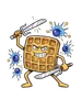 Warrior Waffle Dual Blades design — angry cartoon waffle wielding two swords in fighting stance with exploding blueberries