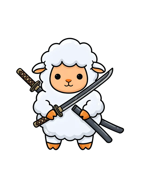 Samurai Sheep T-Shirt design — cartoon fluffy sheep samurai wielding a katana and sheathed sword on white background