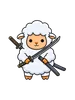 Samurai Sheep T-Shirt design — cartoon fluffy sheep samurai wielding a katana and sheathed sword on white background