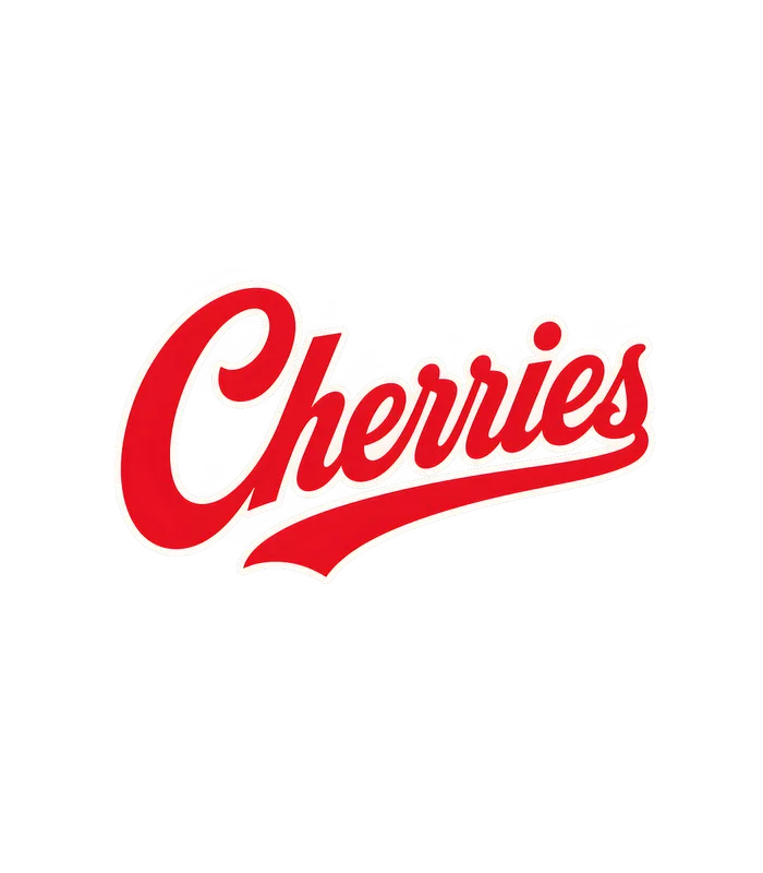 Cherries Script Athletic Tank design — bold red retro baseball-script lettering spelling Cherries with a white outline