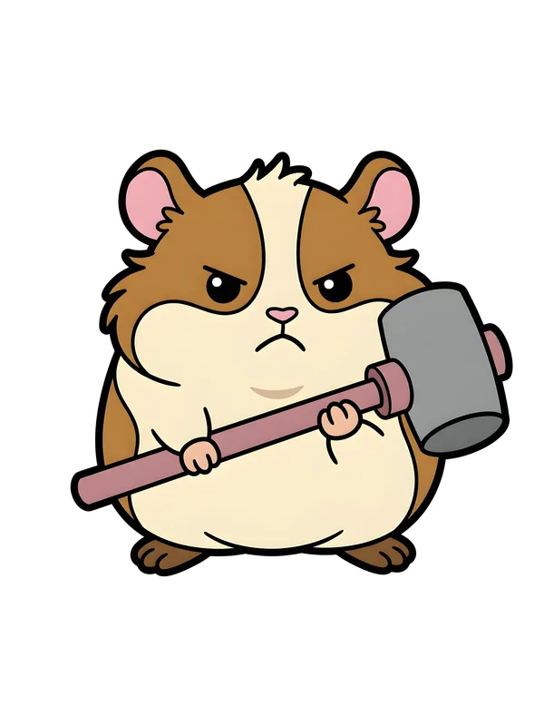 Hammer Time Hamster Tee design — cartoon hamster with a determined scowl wielding a large hammer